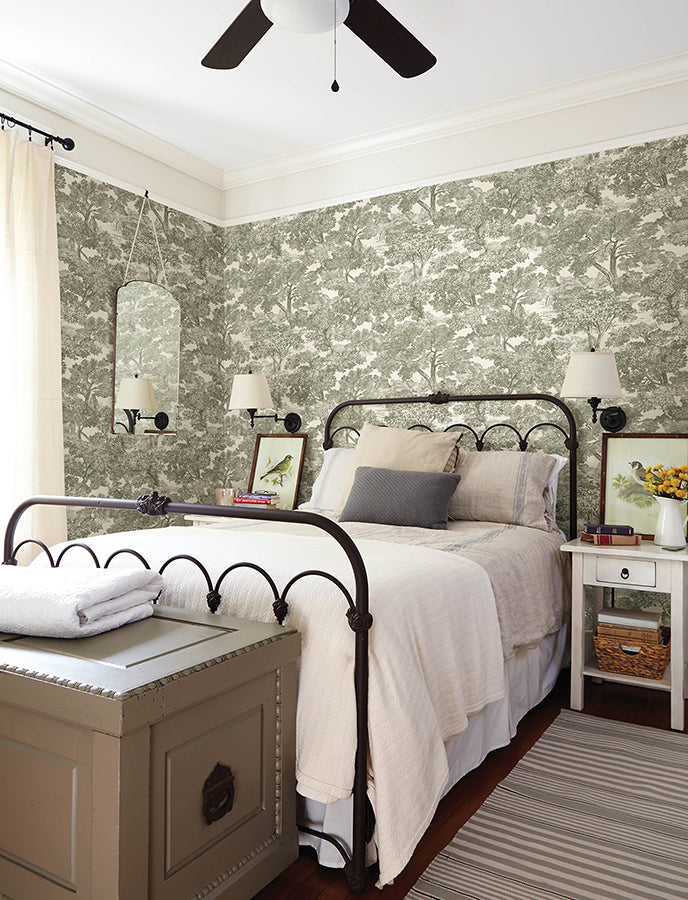 Spinney Green Toile Wallpaper - Brewster Wallcovering