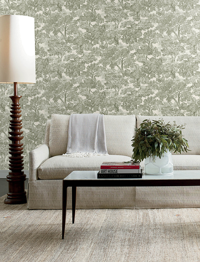 Spinney Green Toile Wallpaper - Brewster Wallcovering