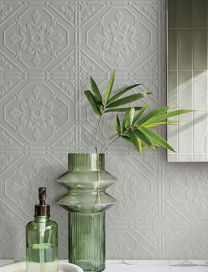 Brooklyn White Tin Paintable Wallpaper  | Brewster Wallcovering