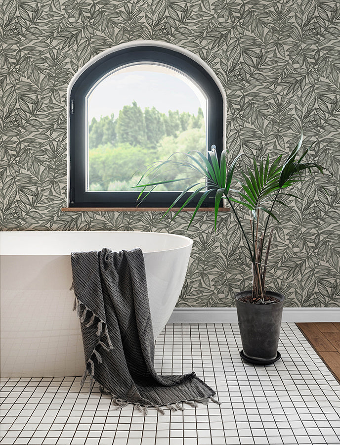 Rhythmic Charcoal Leaf Wallpaper  | Brewster Wallcovering - The WorkRm