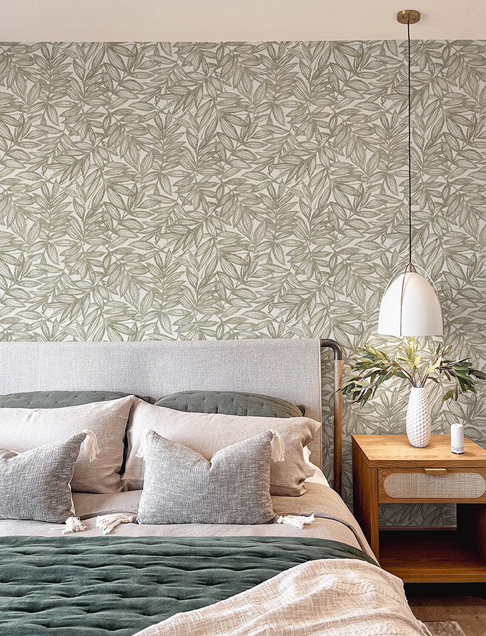 Rhythmic Taupe Leaf Wallpaper  | Brewster Wallcovering - The WorkRm