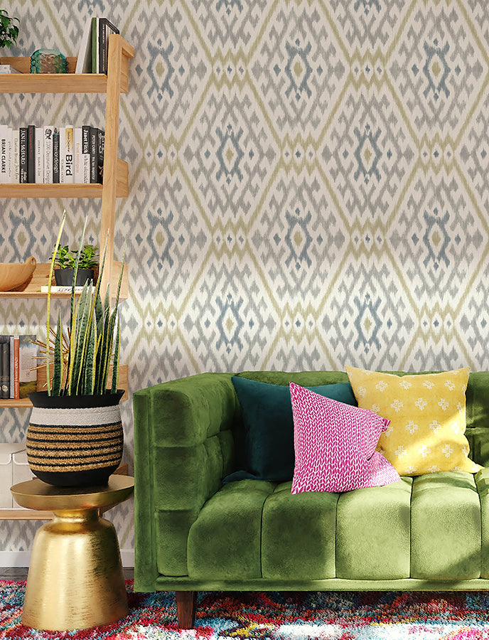 Solola Chartreuse Ikat Wallpaper  | Brewster Wallcovering