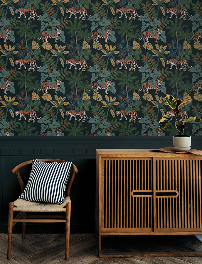 Caspian Navy Jungle Prowl Wallpaper - Brewster Wallcovering