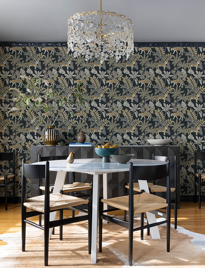 Caspian Charcoal Jungle Prowl Wallpaper - Brewster Wallcovering