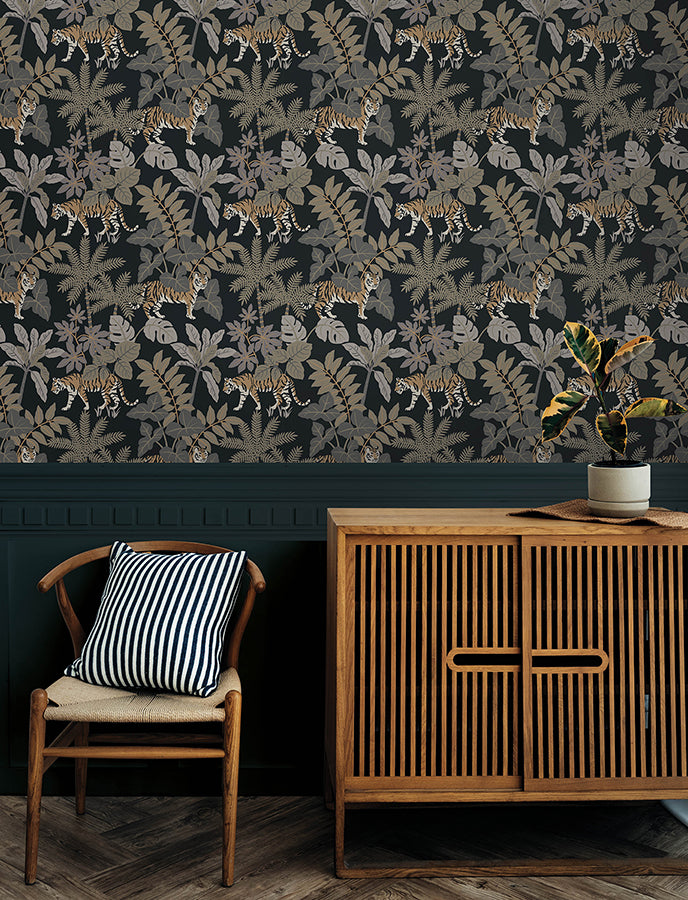 Caspian Charcoal Jungle Prowl Wallpaper  | Brewster Wallcovering - The WorkRm