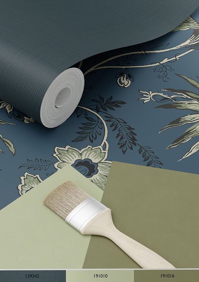 Juliet Blue Decorative Jacobean Wallpaper - Brewster Wallcovering