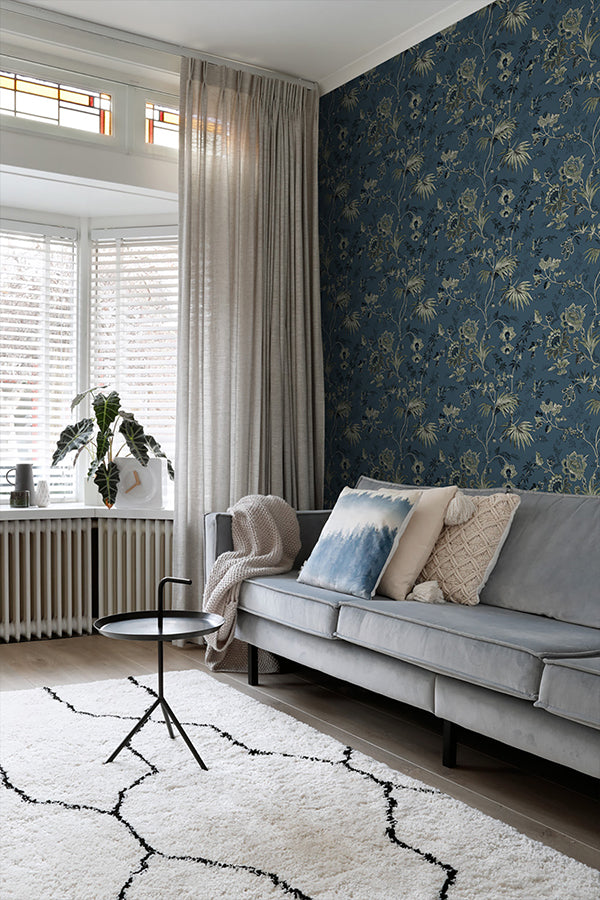 Juliet Blue Decorative Jacobean Wallpaper - Brewster Wallcovering