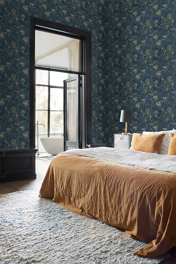 Juliet Blue Decorative Jacobean Wallpaper - Brewster Wallcovering