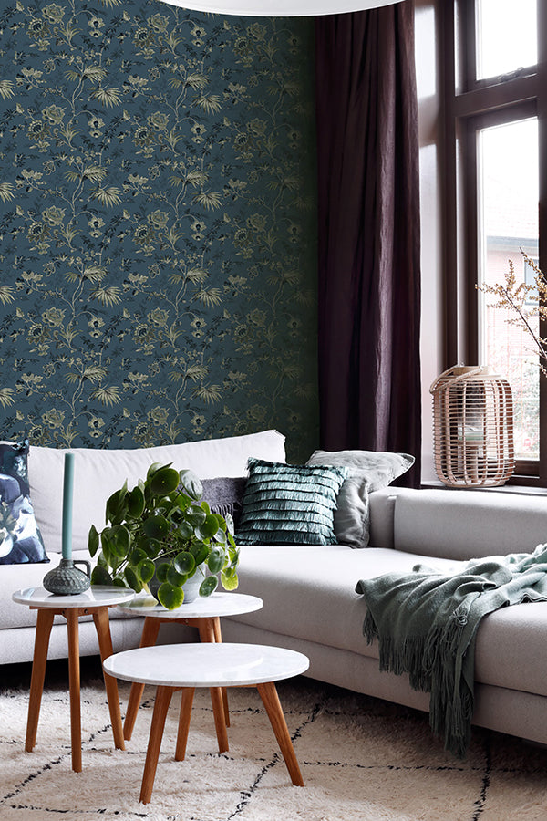 Juliet Blue Decorative Jacobean Wallpaper - Brewster Wallcovering