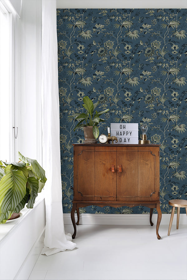 Juliet Blue Decorative Jacobean Wallpaper  | Brewster Wallcovering - The WorkRm