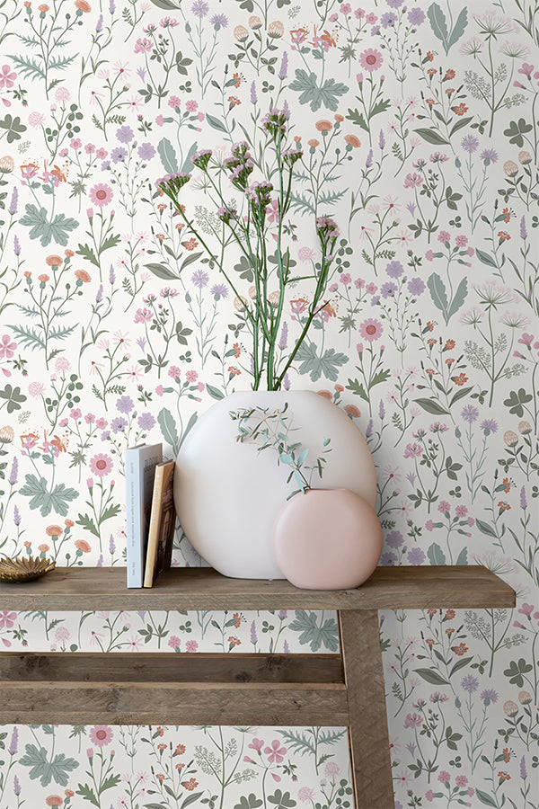 Letitia Purple Summer Meadows Wallpaper - Brewster Wallcovering