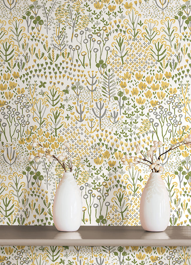 Flower Parade Yellow Peel and Stick Wallpaper - Brewster Wallcovering