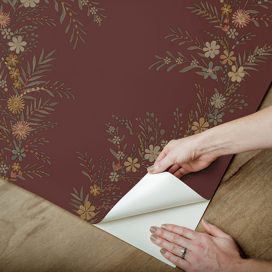 CLJ Posy Cranberry Peel and Stick Wallpaper - Brewster Wallcovering