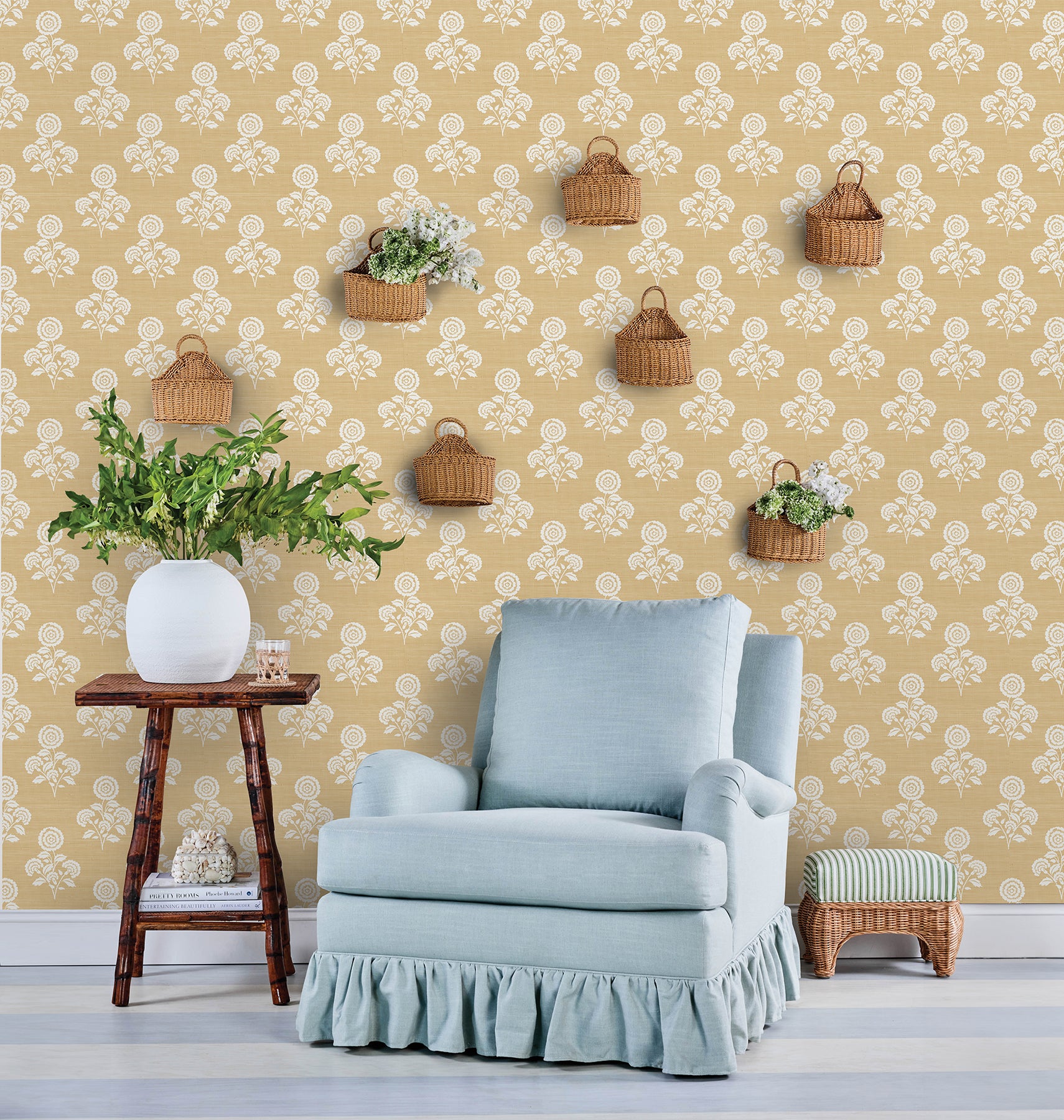 Flourish Block Print Wheat Faux Grasscloth Peel and Stick Wallpaper - Brewster Wallcovering