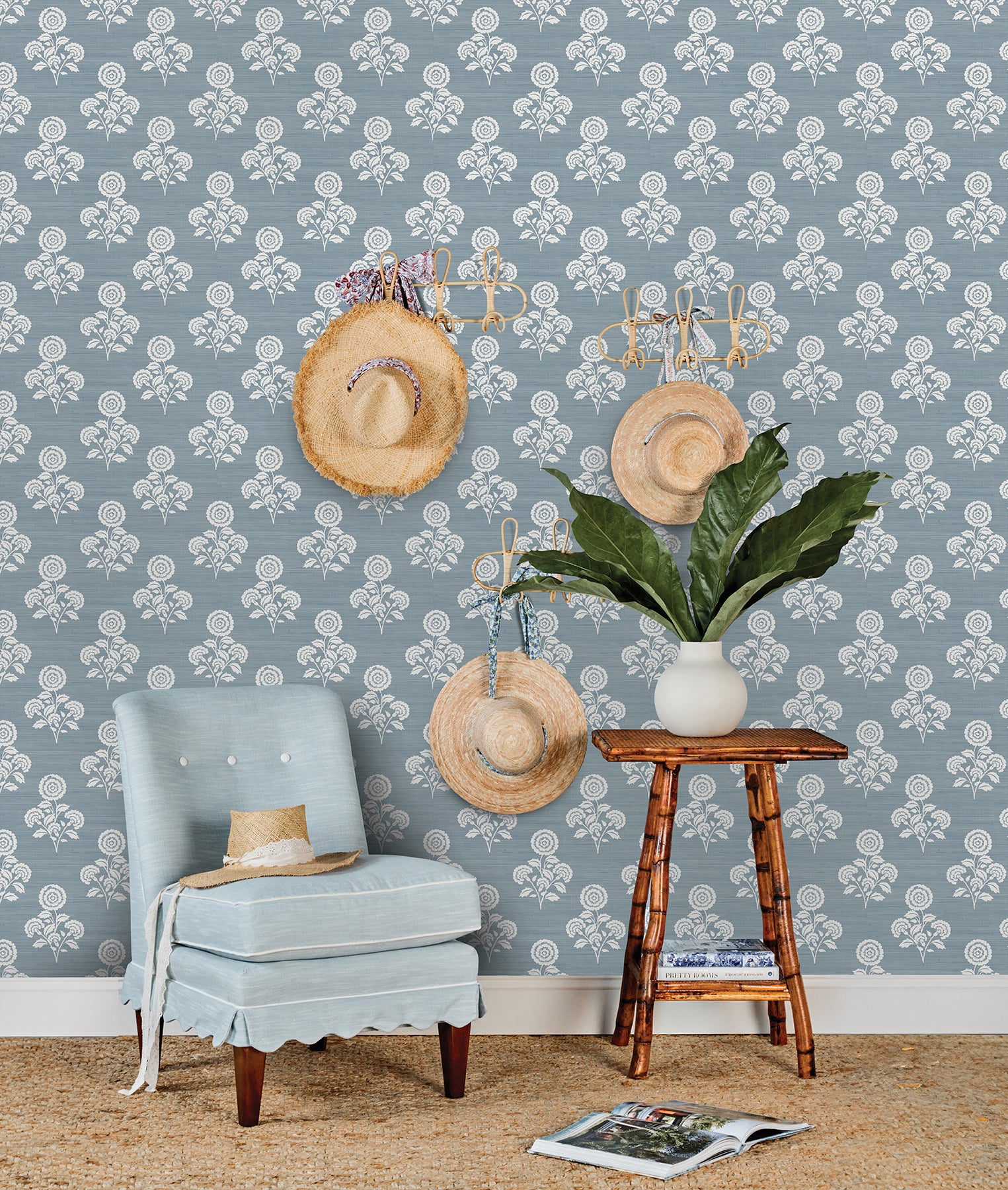 Flourish Block Print Mineral Blue Faux Grasscloth Peel and Stick Wallpaper - Brewster Wallcovering