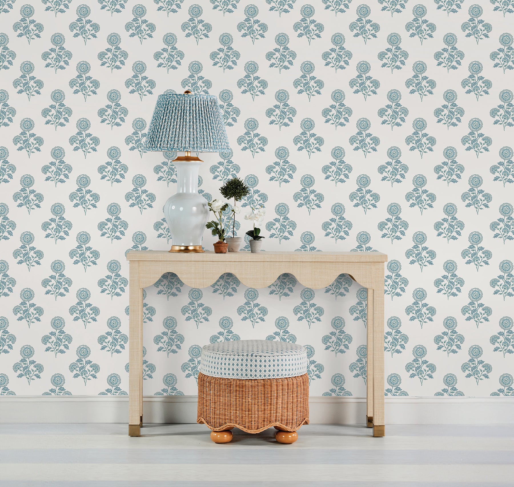 Flourish Block Print Blue on Blue Peel and Stick Wallpaper - Brewster Wallcovering