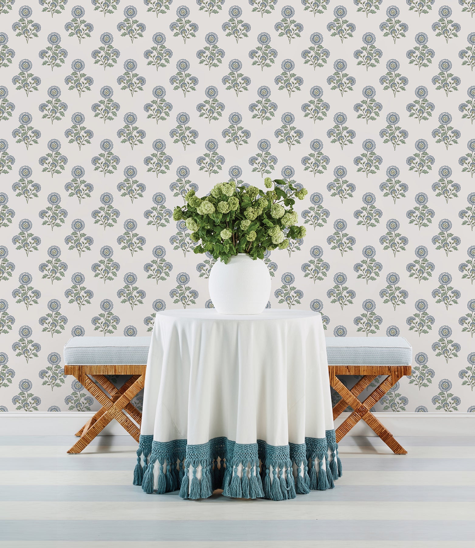 Flourish Block Print Blue and Green Multi Peel and Stick Wallpaper - Brewster Wallcovering