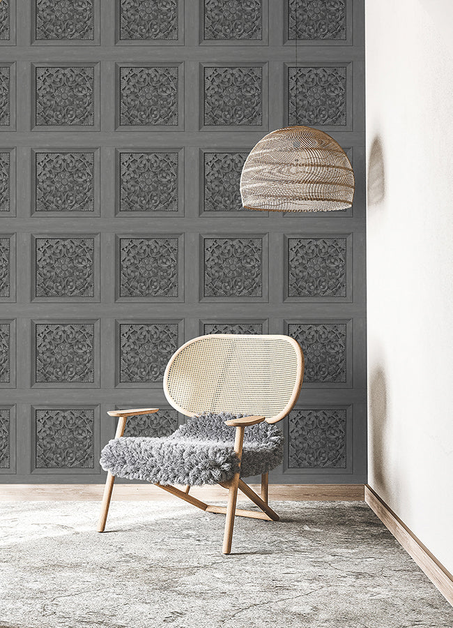 Carved Floral Grey Peel and Stick Wallpaper - Brewster Wallcovering