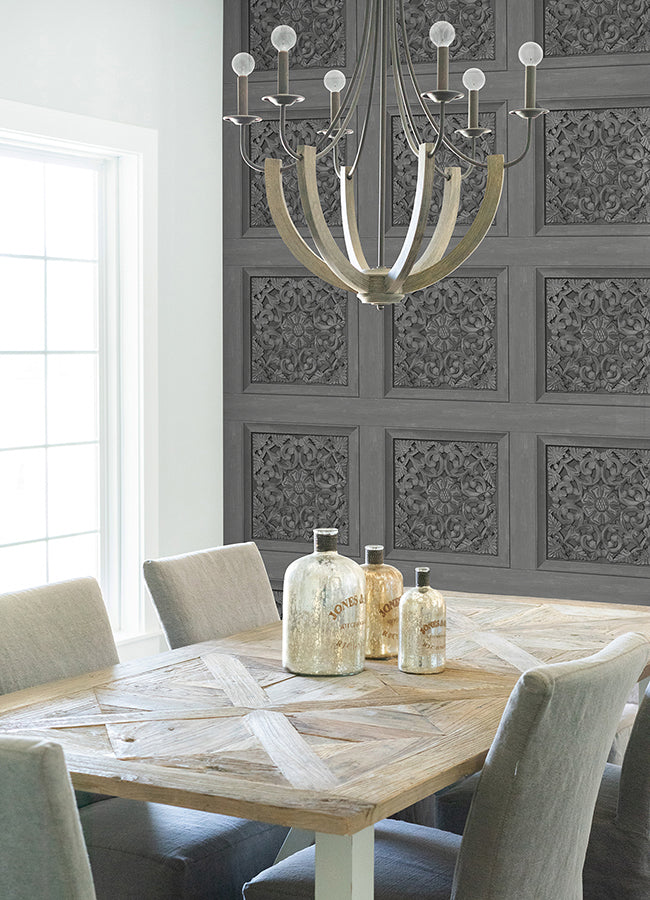 Carved Floral Grey Peel and Stick Wallpaper - Brewster Wallcovering