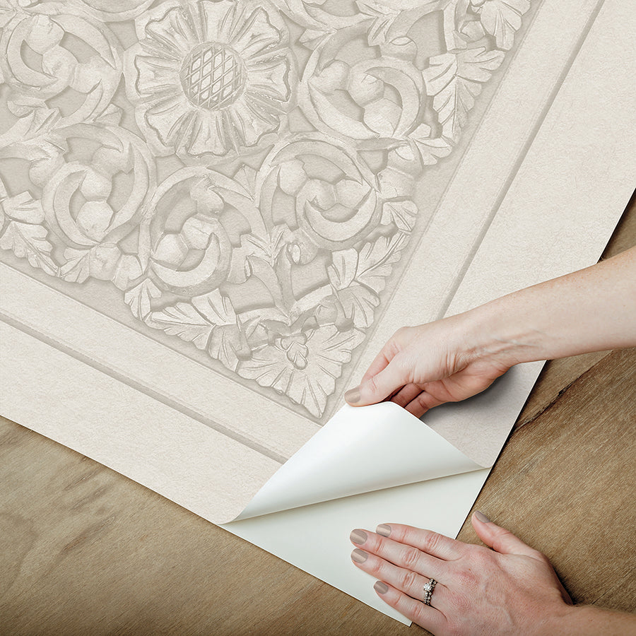 Carved Floral Cream Peel and Stick Wallpaper - Brewster Wallcovering