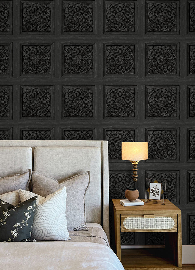 Carved Floral Black Peel and Stick Wallpaper - Brewster Wallcovering