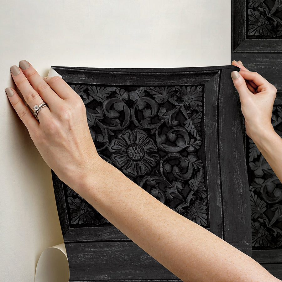 Carved Floral Black Peel and Stick Wallpaper - Brewster Wallcovering