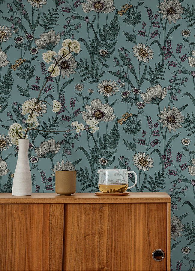 Spring Meadow Blue Peel and Stick Wallpaper - Brewster Wallcovering