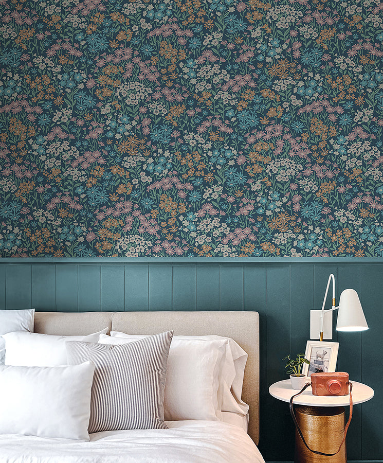 Ditsy Dark Blue Daisies Wallpaper - Brewster Wallcovering