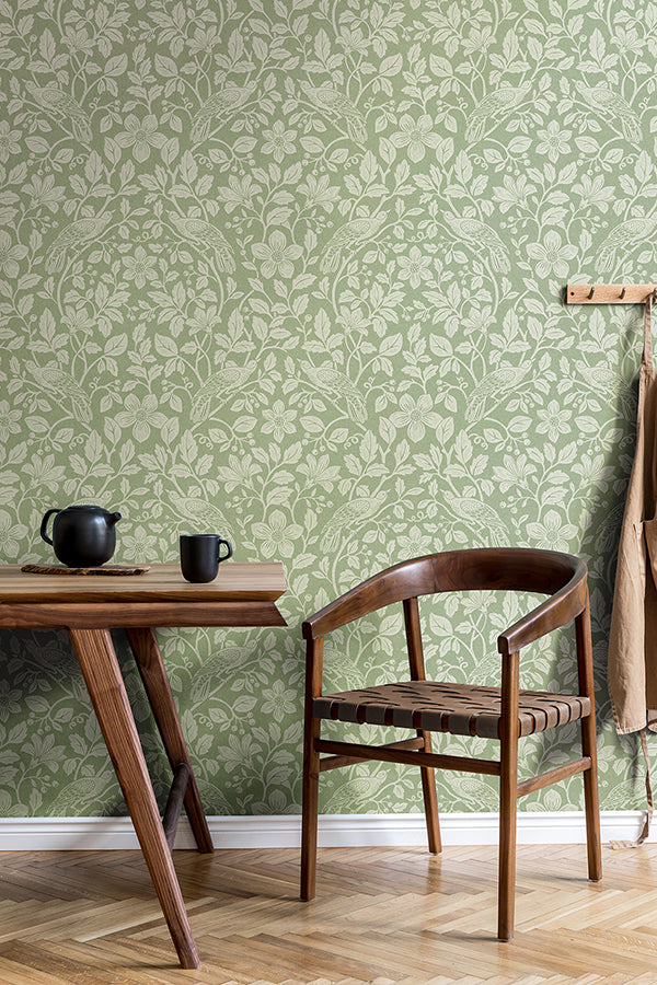 Marlow Green Bird Vine Wallpaper - Brewster Wallcovering