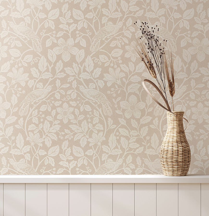 Marlow Beige Bird Vine Wallpaper - Brewster Wallcovering