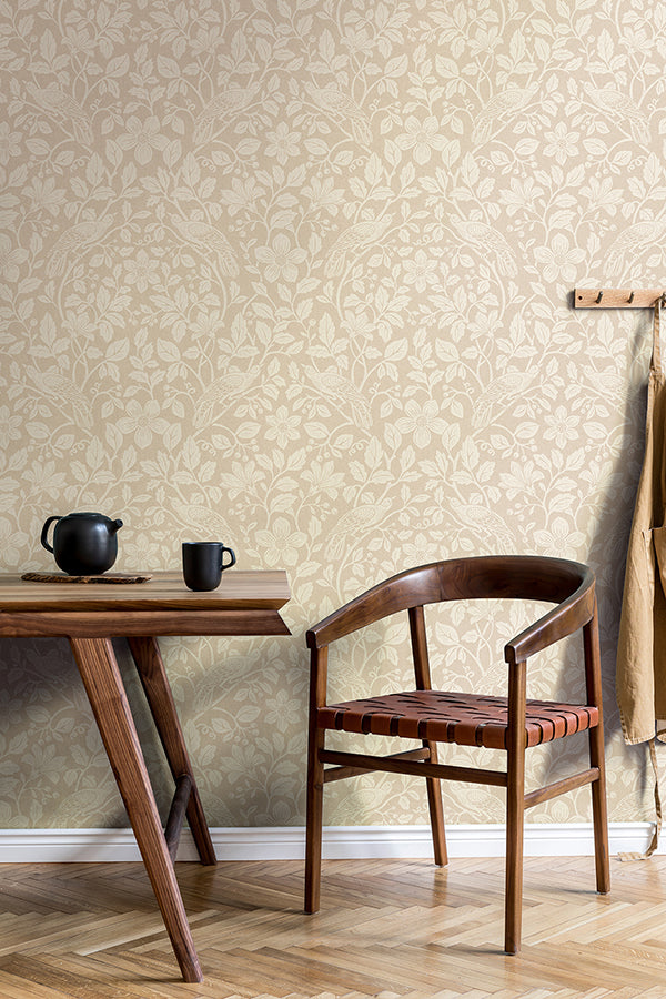 Marlow Beige Bird Vine Wallpaper - Brewster Wallcovering