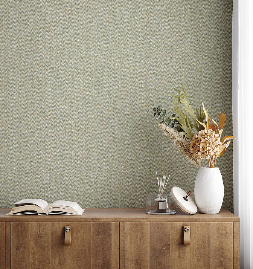 Herringbone Green Tweed Wallpaper - Brewster Wallcovering