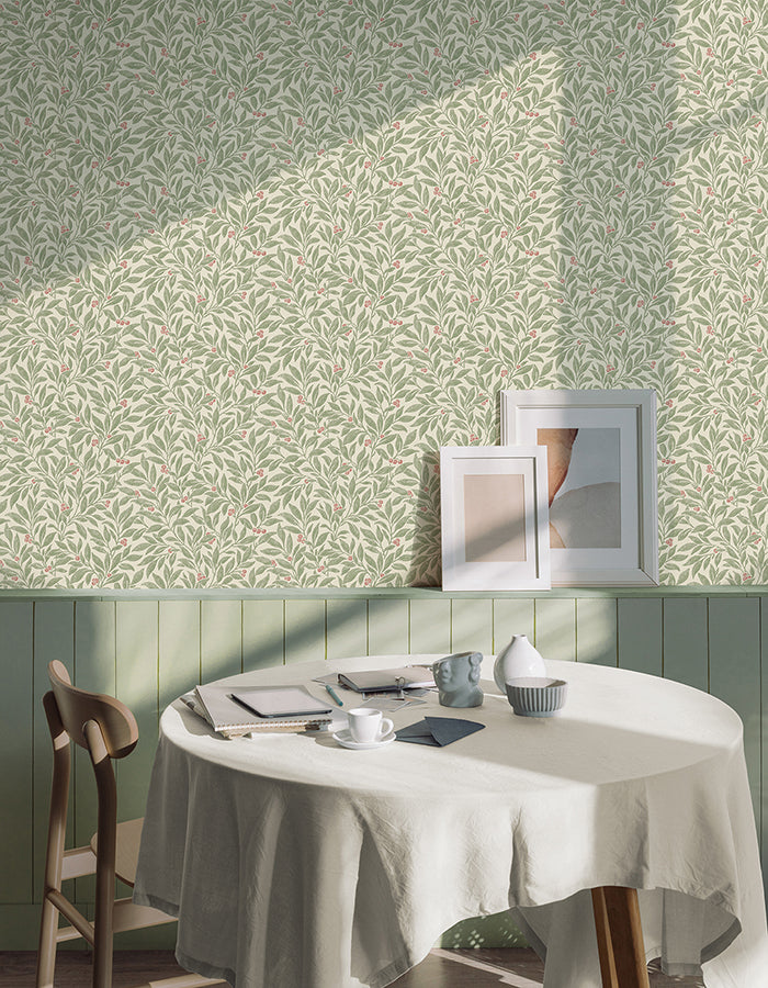 Winter Berry Green Vine Wallpaper - Brewster Wallcovering