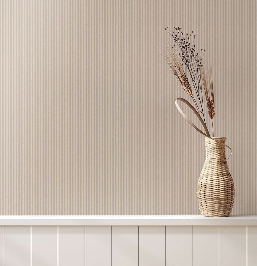 Ticking Beige Stripe Wallpaper - Brewster Wallcovering