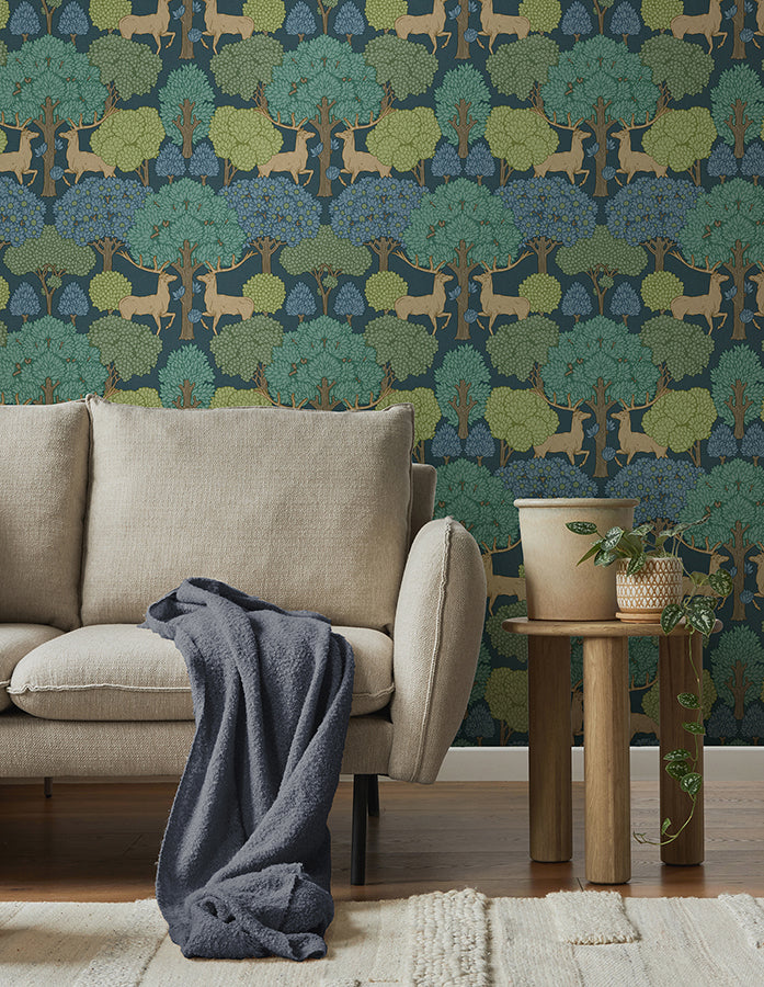 Forest of Arden Blue Deer Wallpaper - Brewster Wallcovering