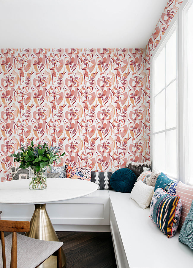 Nathalie Coral Abstract Blooms Wallpaper - Brewster Wallcovering