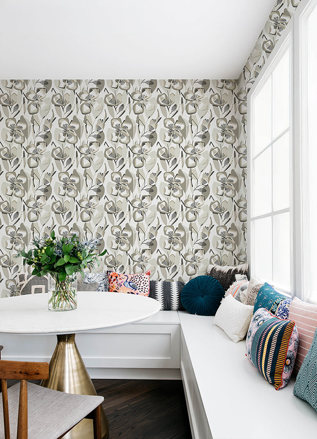 Nathalie Beige Abstract Blooms Wallpaper - Brewster Wallcovering