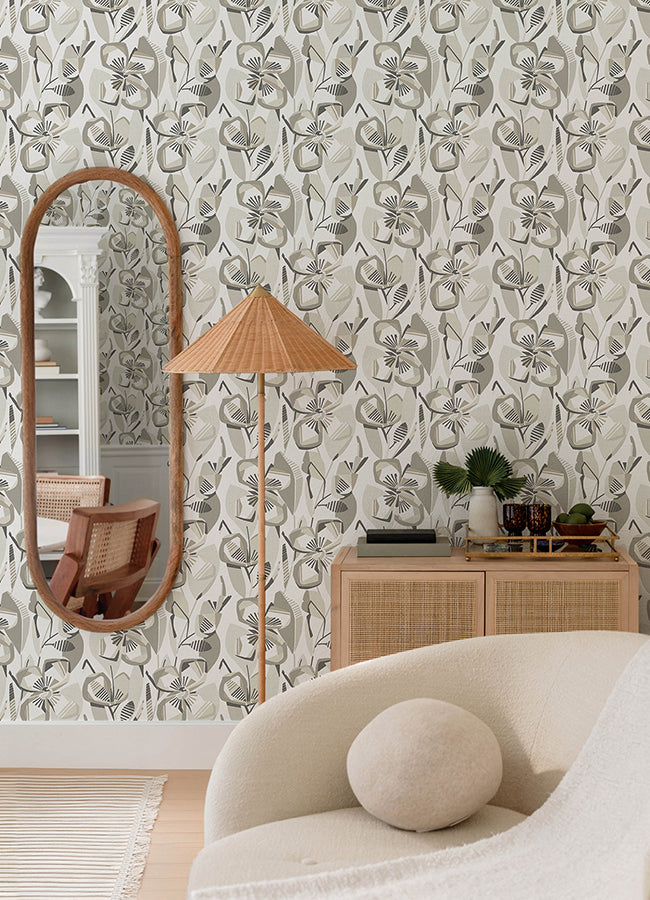 Nathalie Beige Abstract Blooms Wallpaper - Brewster Wallcovering