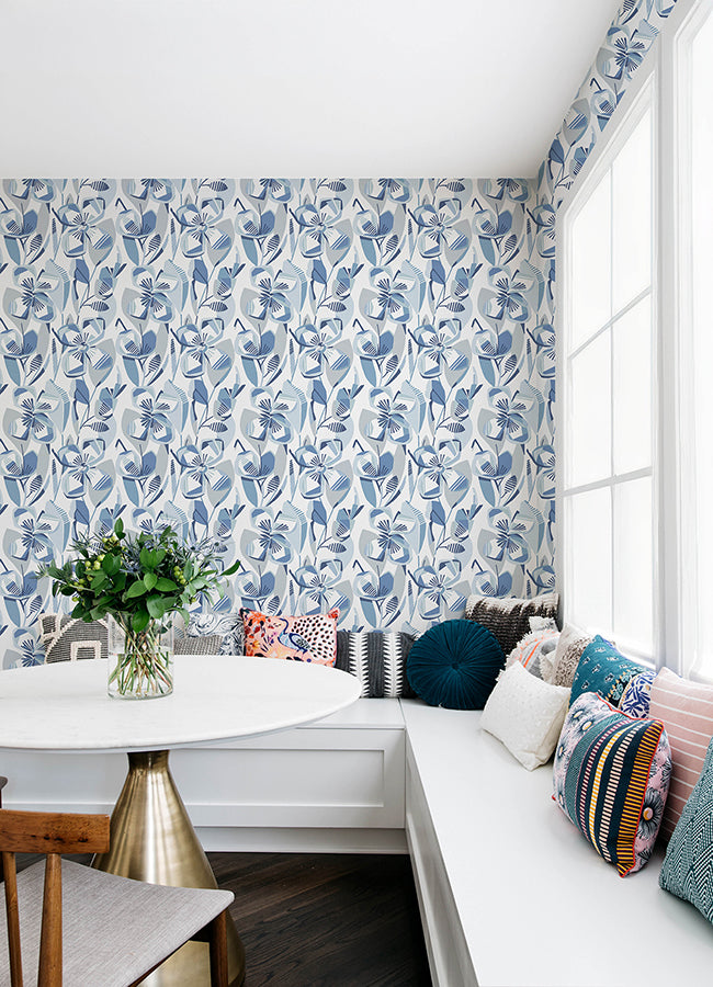 Nathalie Blue Abstract Blooms Wallpaper - Brewster Wallcovering