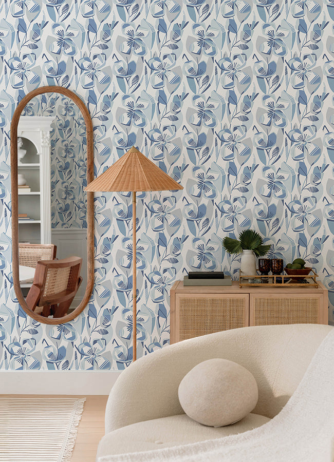 Nathalie Blue Abstract Blooms Wallpaper - Brewster Wallcovering