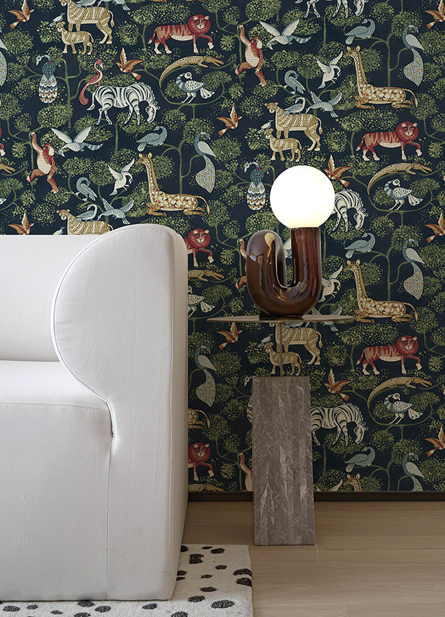 Rigby Navy Jungle Animals Wallpaper - Brewster Wallcovering