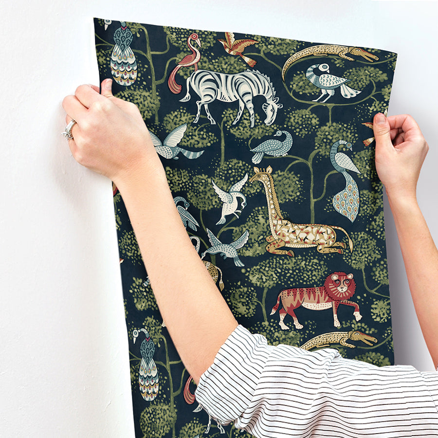 Rigby Navy Jungle Animals Wallpaper - Brewster Wallcovering