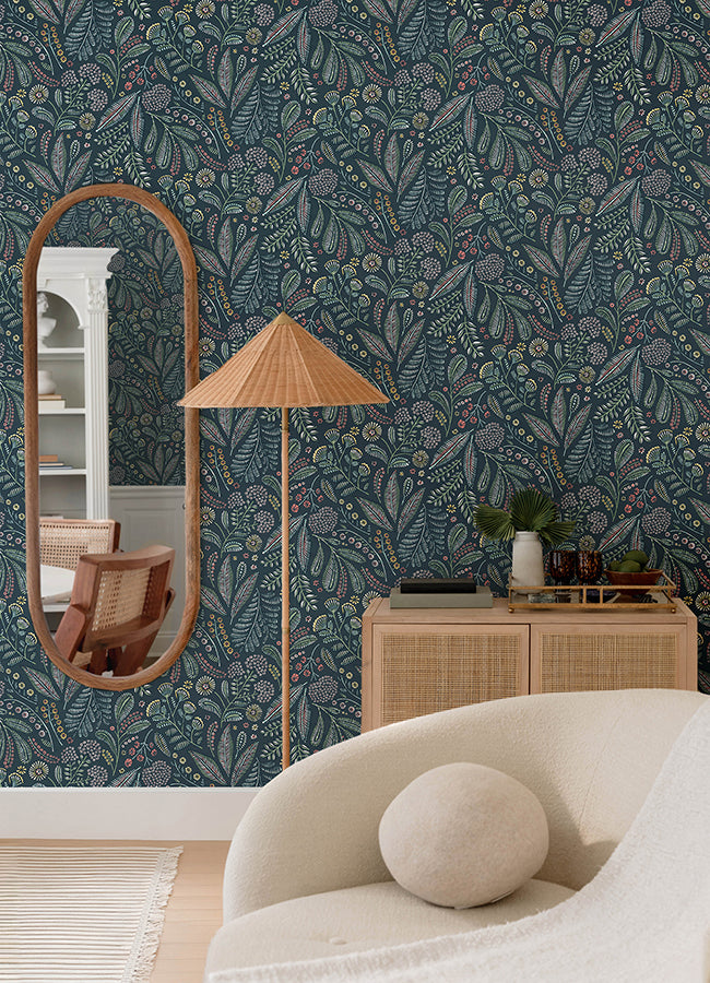 Briar Teal Floral Wallpaper - Brewster Wallcovering