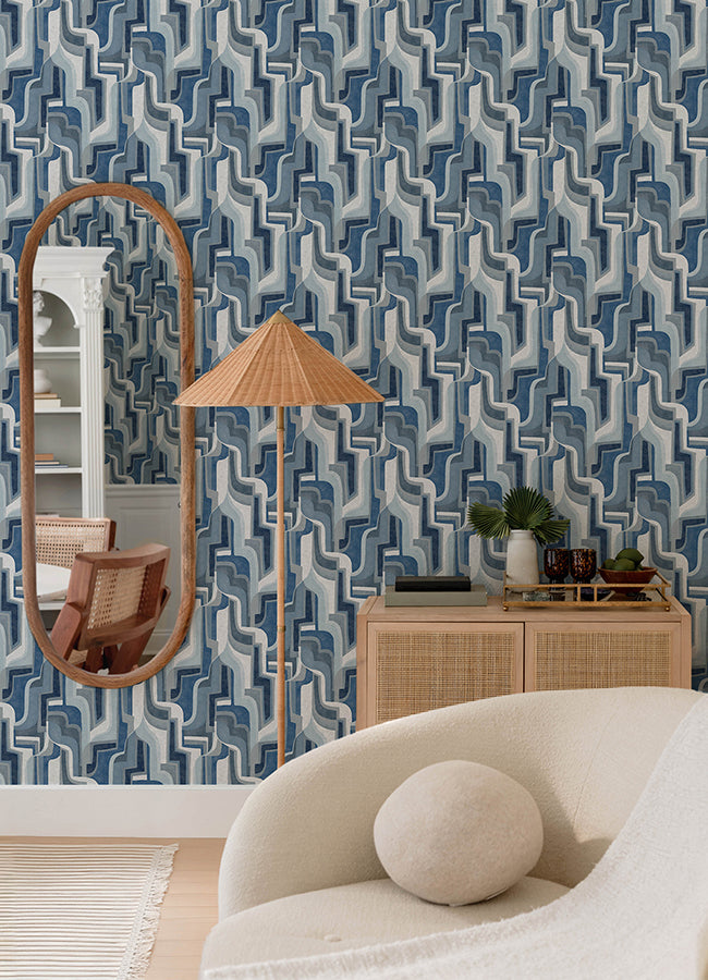 Tulum Blue Surreal Shapes Wallpaper - Brewster Wallcovering