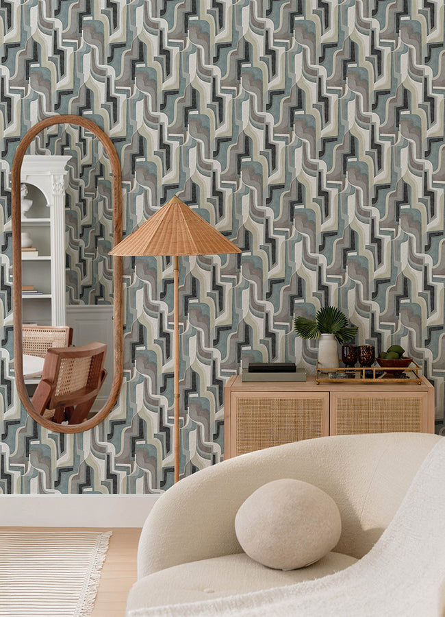 Tulum Denim Surreal Shapes Wallpaper - Brewster Wallcovering