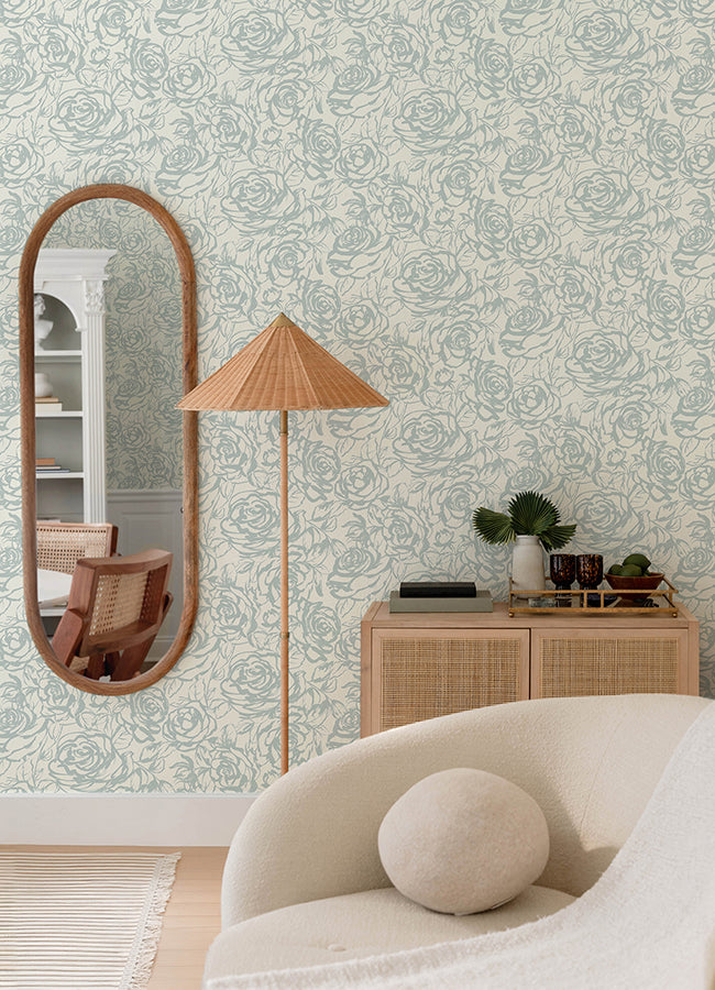 Nelda Light Blue Rose Wallpaper - Brewster Wallcovering