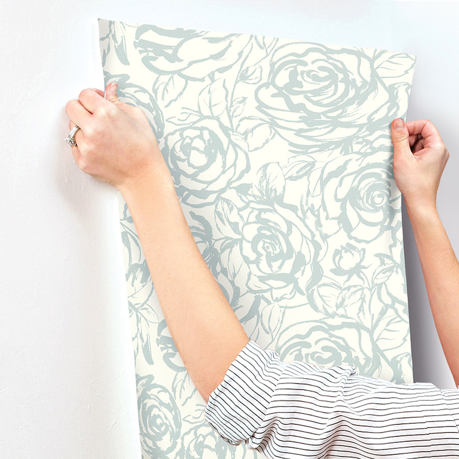 Nelda Light Blue Rose Wallpaper - Brewster Wallcovering