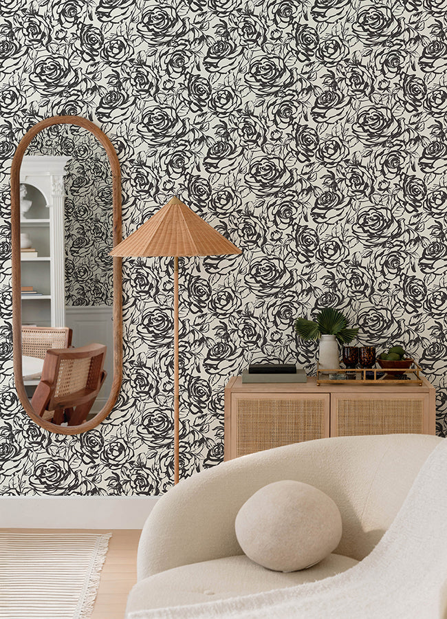 Nelda Black Rose Wallpaper - Brewster Wallcovering