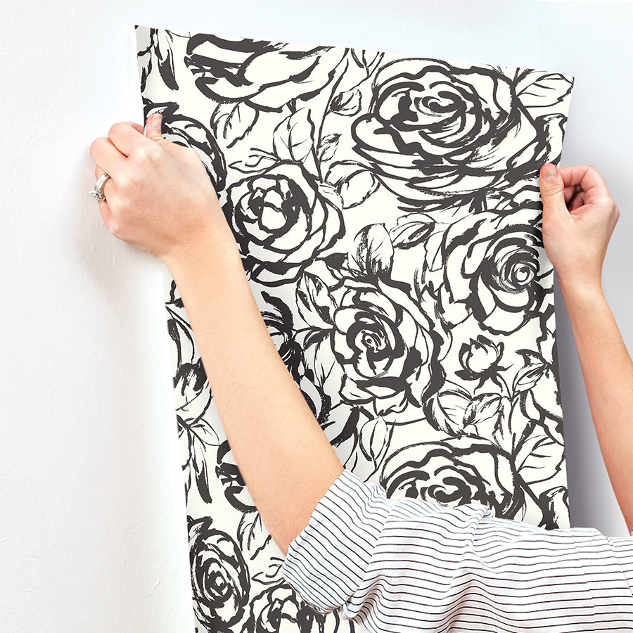 Nelda Black Rose Wallpaper - Brewster Wallcovering