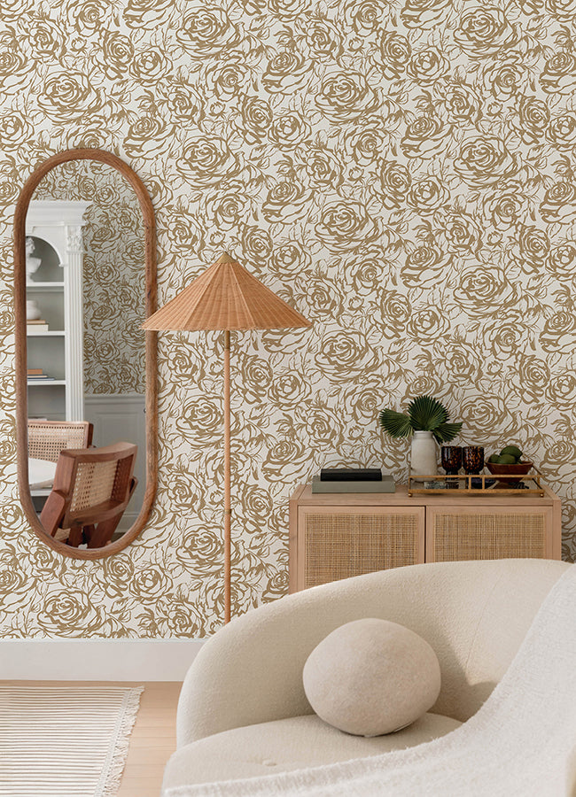 Nelda Gold Rose Wallpaper - Brewster Wallcovering